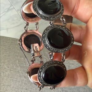 🖤 Vintage Sterling Silver Marcasite & Black Onyx Link Bracelet (925)